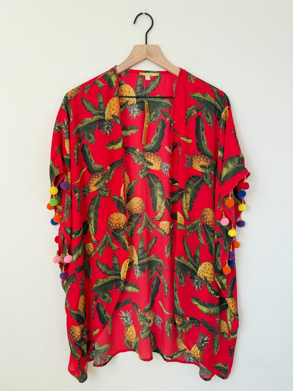 Gianni Bini Bright Cover Up Tropical Pineapple  Kimono Pompom Colorful XS New